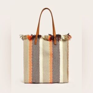 Boho Summer Striped Fabric Frayed Edge Tote Bag Ran Orange Blue SHEIN NEW